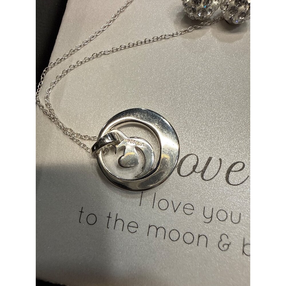 Sterling Silver Necklace & Earrings Set Engraved "I Love You To The Moon & Back - Picture 8 of 12